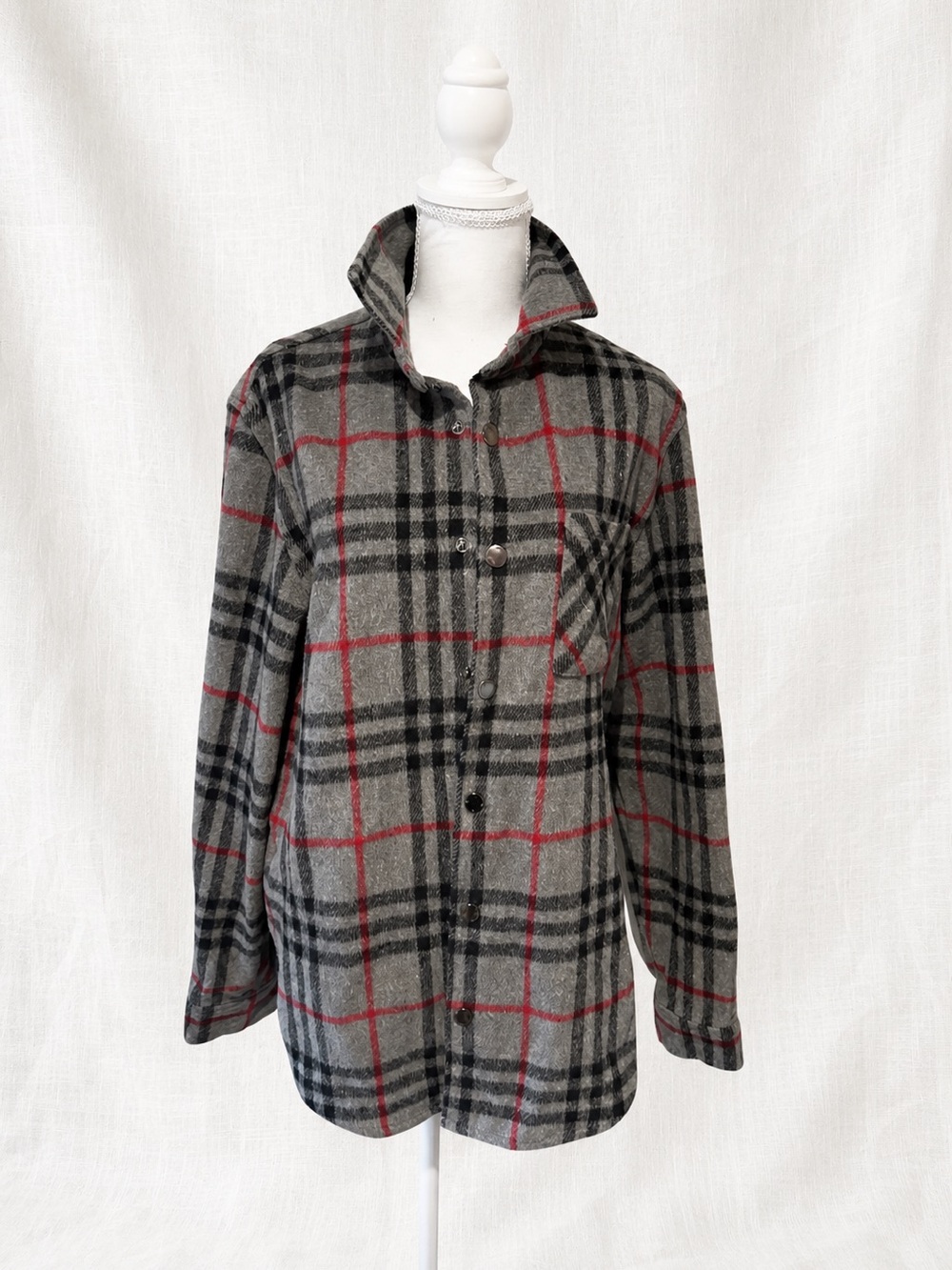 Gray Plaid Utility Jacket with Red Windowpane